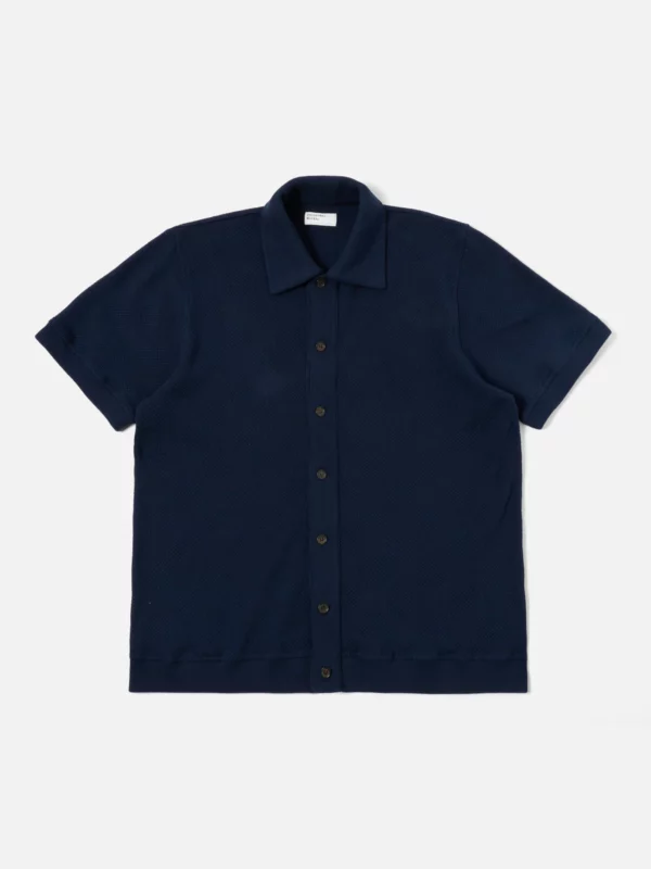 Universal Works Button Through Polo in Bright Navy Fantasy Checkerboard - Afbeelding 2