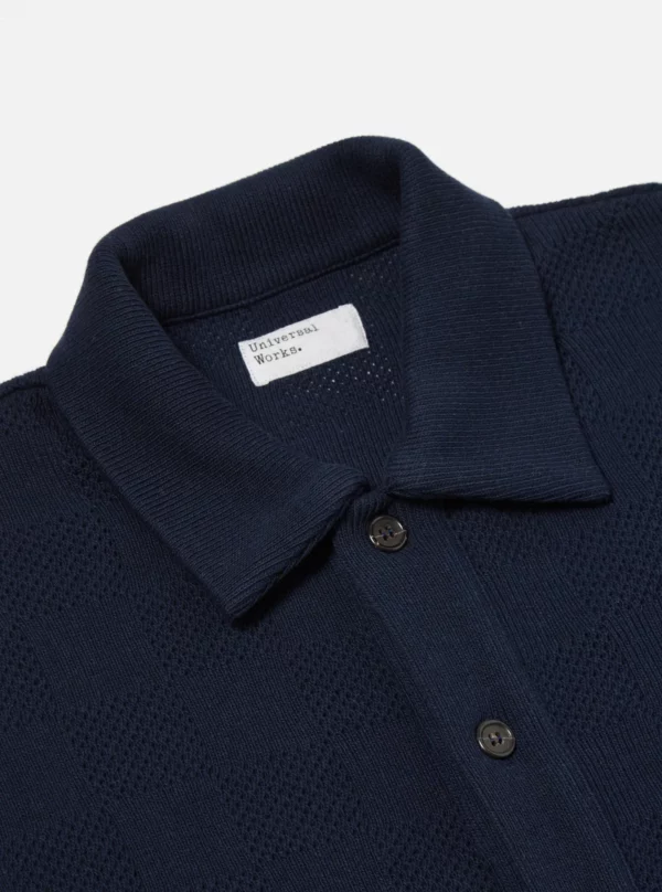 Universal Works Button Through Polo in Bright Navy Fantasy Checkerboard - Afbeelding 3